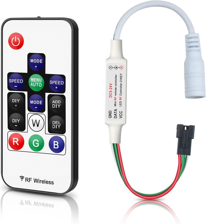 RGBZONE WS2812B RF LED Controller, 3-PIN Mini LED Strip Lights Controller, DC 5V/12V/24V for WS2812 WS2811 Dream Color LED Strip Lights(14 Key) - Image 1